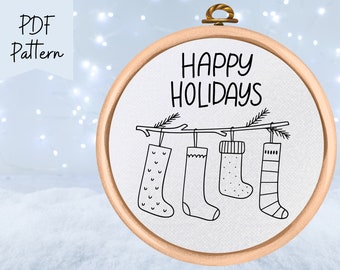 PDF Pattern - Christmas Hand Embroidery Design - Happy Holidays - Christmas Stocking