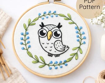 Owl Hand Embroidery Pattern, Printable PDF, Beginner Friendly, 5 Sizes