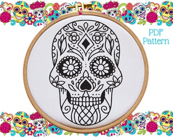 Sugar Skull Hand Embroidery Pattern - PDF Pattern Download - Modern Embroidery Design