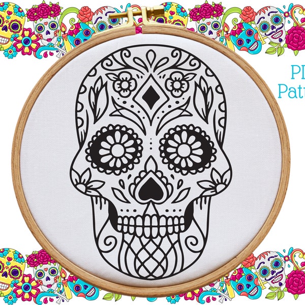 Sugar Skull Hand Embroidery Pattern - PDF Pattern Download - Modern Embroidery Design