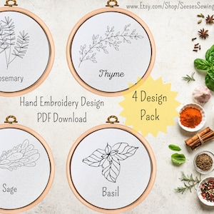Herbs Embroidery Pattern Bundle - PDF Pattern - 4 Design Pack - Kitchen Decor - Tea Towel Embroidery