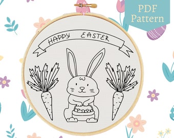May include: Black and white line art embroidery pattern of a bunny holding a basket of eggs with the text "Happy Easter" above it.