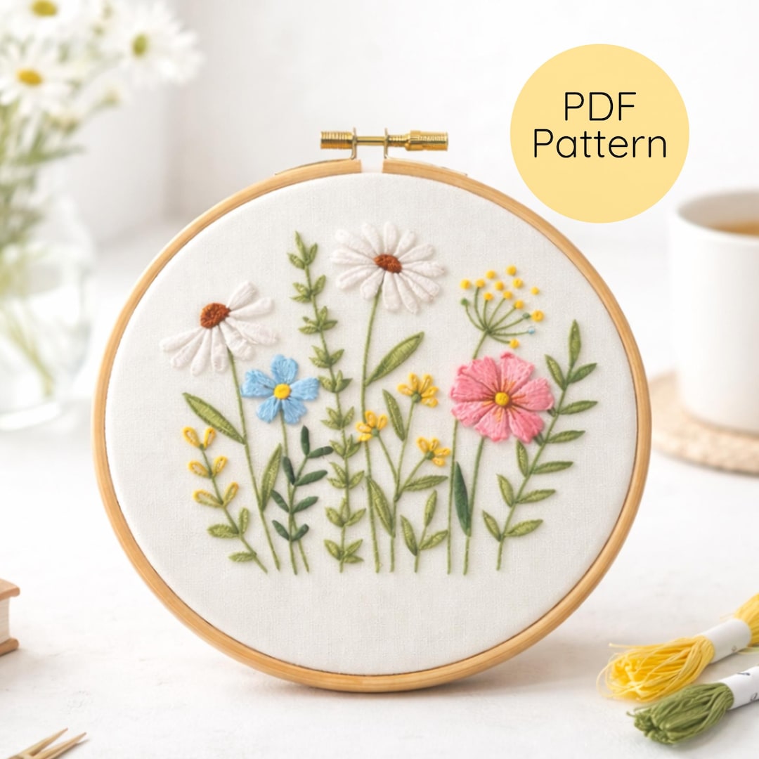 Floral Hand Embroidery Design PDF Pattern, Wildflowers, 5 Sizes for DIY ...