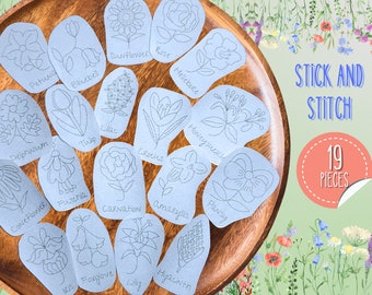 Floral Stick and Stitch Kit, Hand Embroidery Pattern Pack, Set of 19 Peel and Stick