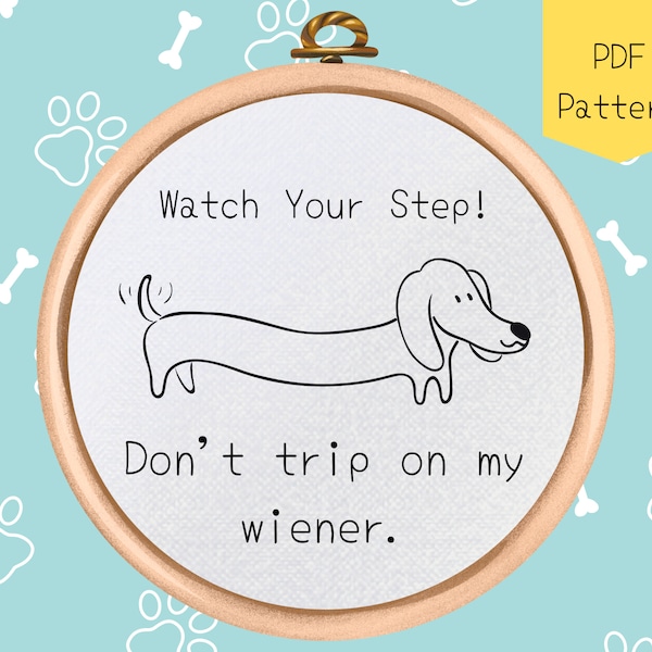 Wiener Dog PDF Pattern - Funny Hand Embroidery Pattern - Funny Daschund Design