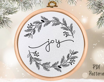 PDF Pattern - Joy Christmas Wreath Hand Embroidery Design - Embroidery Pattern - DIY Christmas Decor