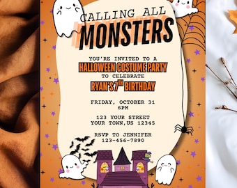 May include: Halloween party invitation with the text "CALLING ALL MONSTERS". The invitation is orange with a spider web design, ghosts, bats, and a purple haunted house. The invitation is for Ryan's 7th birthday.