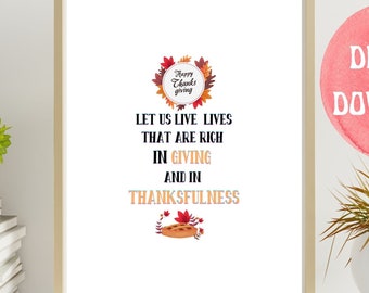 Thanksgiving Wall Art- PRINTABLE Thanksgiving Sign -  Give Thanks-Thankfulness, Autumn Decoration gratitude