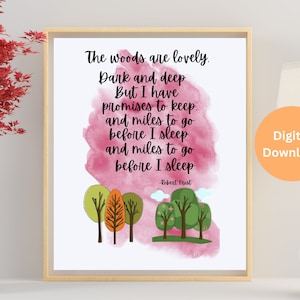 Robert Frost - The Woods Are Lovely Dark And Deep-Do druku / Natychmiastowe pobranie cyfrowe, Cytat o naturze Tytuł książki literackiej Strona poezji