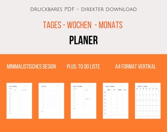Tagesplan, Wochenplan, Monatsplan, druckbarer Planer, druckbarer Kalendar, To Do Liste, Fokus (direkter digitaler Download|A4)