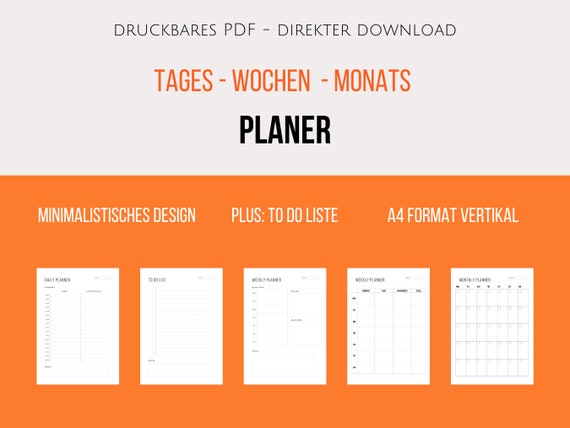 Tagesplan, Wochenplan, Monatsplan, druckbarer Planer, druckbarer Kalendar, To Do Liste, Fokus (direkter digitaler Download|A4)
