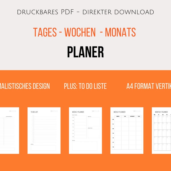 Tagesplan, Wochenplan, Monatsplan, druckbarer Planer, druckbarer Kalendar, To Do Liste, Fokus (direkter digitaler Download|A4)