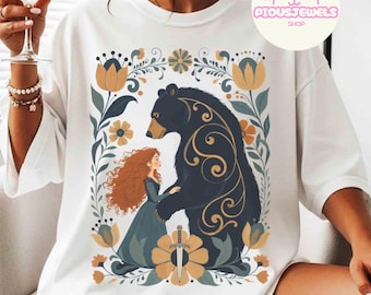 Retro Pixar Brave Flower T-shirt, Disney Merida Princess & Elinor Queen Bear Tee, WDW Magic Kingdom Disneyland cadeaus familievakantiereis