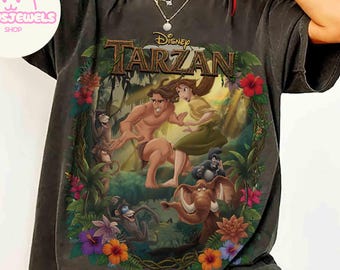 Retro Disney Tarzan-film 1999 comfort kleuren T-shirt, Tarzan en Jane Porter bloemen T-shirt, Animal Kingdom cadeau, WDW Disneyland Trip-shirt