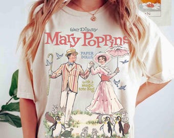 Watercolor Walt Disney Mary Poppins and Bert Paper Doll With a Magic Tote Bag Shirt, Practically Perfect In Every Way Quotes Tee, WDW Trip