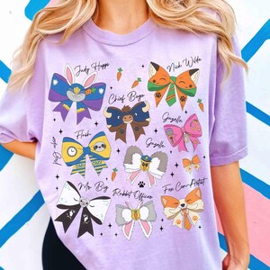 Coquette Bows Disney Zootopia Characters Signatures T-Shirt, Zootropolis Judy Hopps Nick Gary Tee, WDW Disneyland Family Matching Trip Shirt image 1