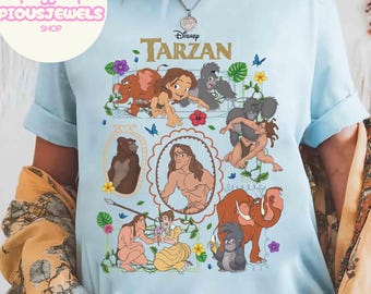 Retro Disney Tarzan film T-shirt 1999, Tarzan en Jane Porter bloemen T-shirt, Terk Tantor Animal Kingdom cadeau, WDW Disneyland familie-uitje shirt