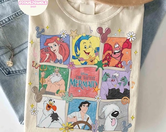 Retro Disney de kleine zeemeermin film comfort kleuren shirt, Ariel Princess Flounder T-shirt, Ursula Villains shirt, Mickey ballon, WDW Trip