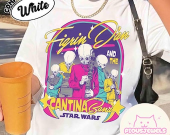 Retro Disney Star Wars figuur D'an and the Cantina Band grafisch shirt, Mos Eisley Cantina Tatooine Planet T-shirt, Star Wars Day, Galaxy Edge's