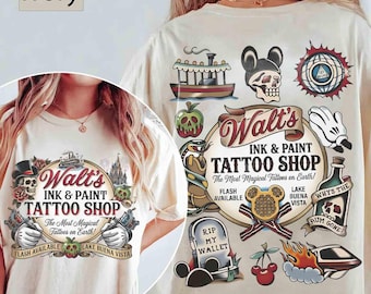 Camiseta de la tienda de tatuajes Ink & Paint de Disney Walt, camiseta de doble cara "El tatuaje más mágico del mundo", camiseta de tatuajes Flash de Disney, regalo para viajes familiares a WDW