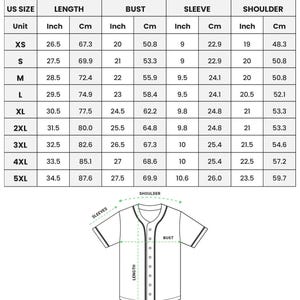 May include: A size chart for an all-over print unisex baseball jersey. The chart includes measurements in inches and centimeters for length, bust, sleeve, and shoulder, ranging from XS to 5XL. A diagram illustrates the measurement points on the jersey.