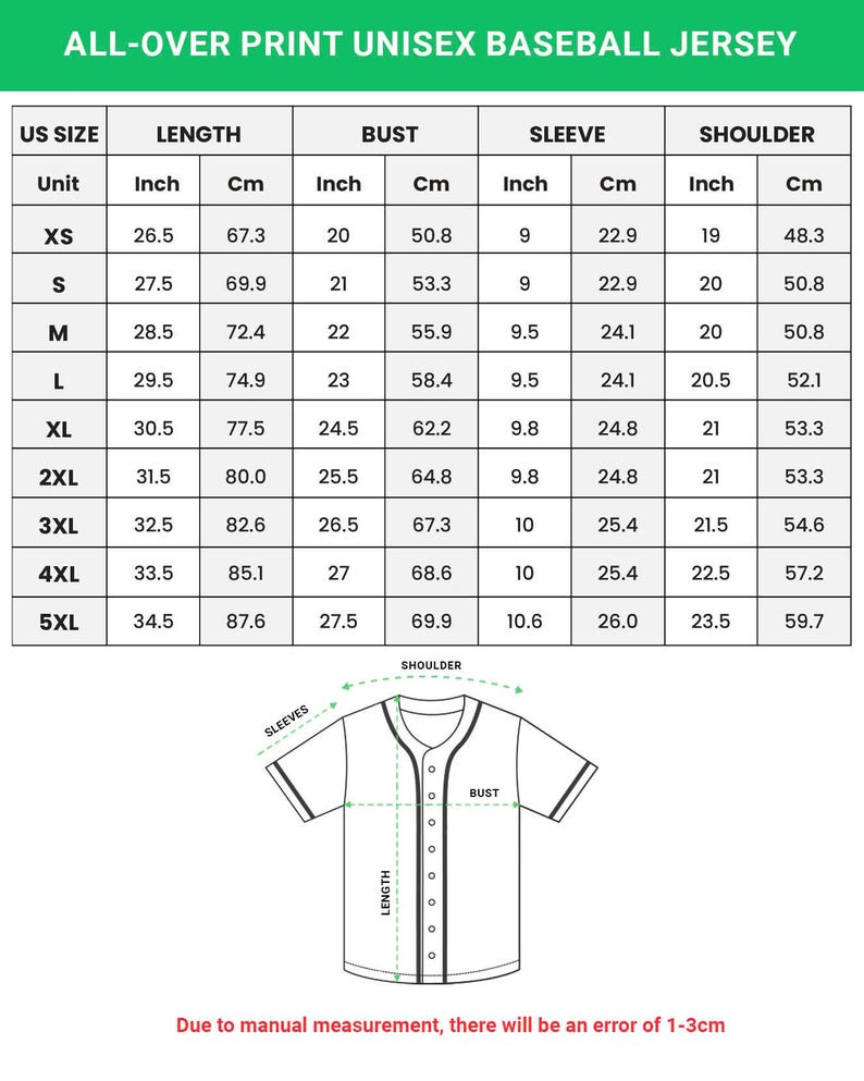 May include: A size chart for an all-over print unisex baseball jersey. The chart includes measurements in inches and centimeters for length, bust, sleeve, and shoulder, ranging from XS to 5XL. A diagram illustrates the measurement points on the jersey.