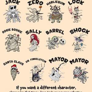 K&ouml;nnte beinhalten: Illustration mit Filmfiguren, darunter Jack, Zero, Harlequin, Lock, Oogie Boogie, Sally, Barrel, Shock, Santa Claus, Dr. Finkelstein und Mayor. Der Text unten lautet: "Wenn Sie einen anderen Charakter w&uuml;nschen, geben Sie bitte den Namen dieser Disney-Figur in der Personalisierung ein."