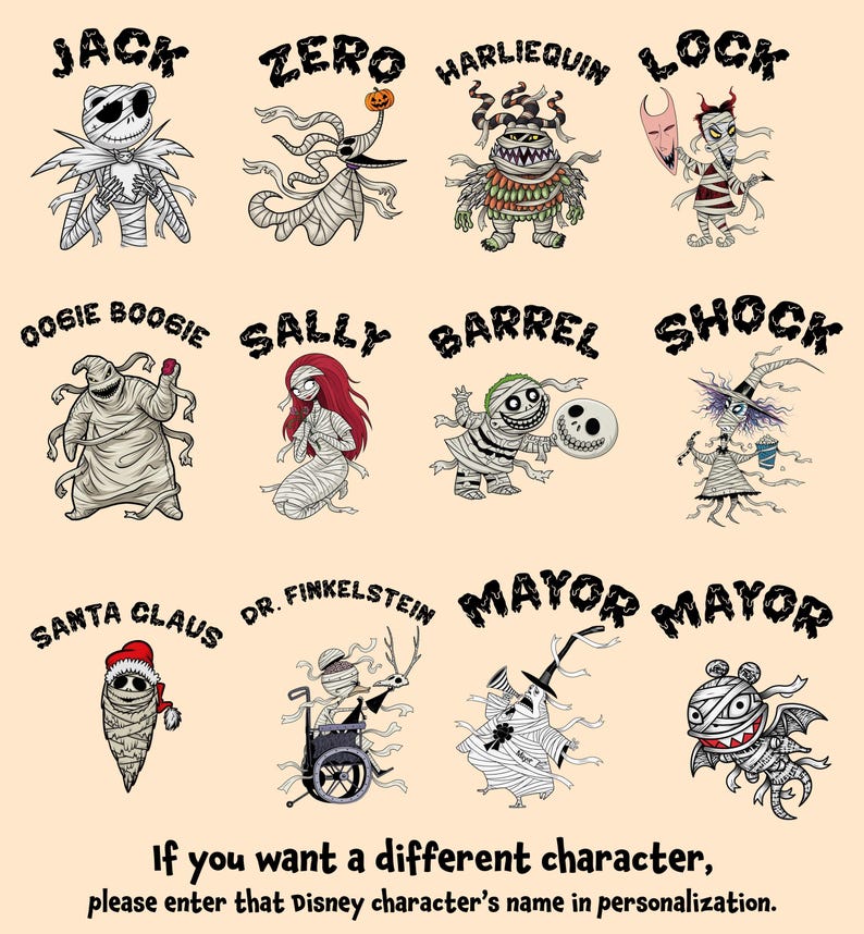 K&ouml;nnte beinhalten: Illustration mit Filmfiguren, darunter Jack, Zero, Harlequin, Lock, Oogie Boogie, Sally, Barrel, Shock, Santa Claus, Dr. Finkelstein und Mayor. Der Text unten lautet: "Wenn Sie einen anderen Charakter w&uuml;nschen, geben Sie bitte den Namen dieser Disney-Figur in der Personalisierung ein."