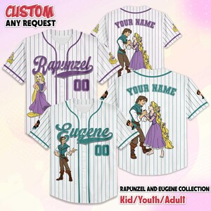 May include: White baseball jerseys with pinstripes, featuring the names "Rapunzel" and "Eugene", and the text "YOUR NAME". Each jersey has a character illustration and the number "00". The text "CUSTOM ANY REQUEST" is at the top.
