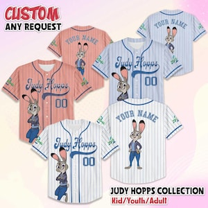 May include: Baseball jerseys in various colors, featuring Judy Hopps from Zootopia. The jerseys have the text "Judy Hopps" and "00" on the front, with the option to customize the name on the back. The image also includes the text "CUSTOM ANY REQUEST".