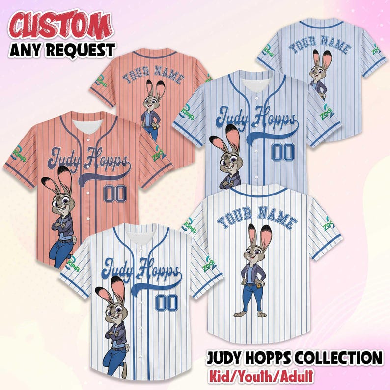 May include: Baseball jerseys in various colors, featuring Judy Hopps from Zootopia. The jerseys have the text "Judy Hopps" and "00" on the front, with the option to customize the name on the back. The image also includes the text "CUSTOM ANY REQUEST".