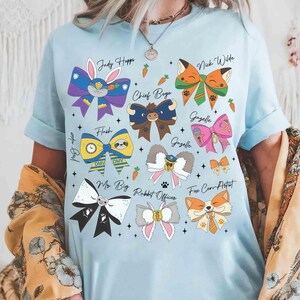 Coquette Bows Disney Zootopia Characters Signatures T-Shirt, Zootropolis Judy Hopps Nick Gary Tee, WDW Disneyland Family Matching Trip Shirt image 4