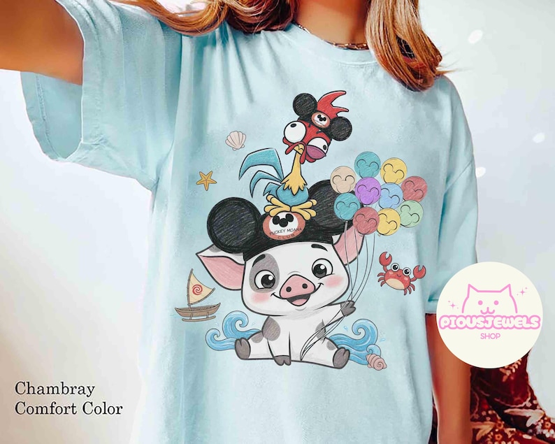 Comfort Colors Disney Vaiana Pua Hei Hei Musse öron hattskjorta, Musse ballongtröja, Disney familjematchskjorta, Disneys polynesiska by bild 1