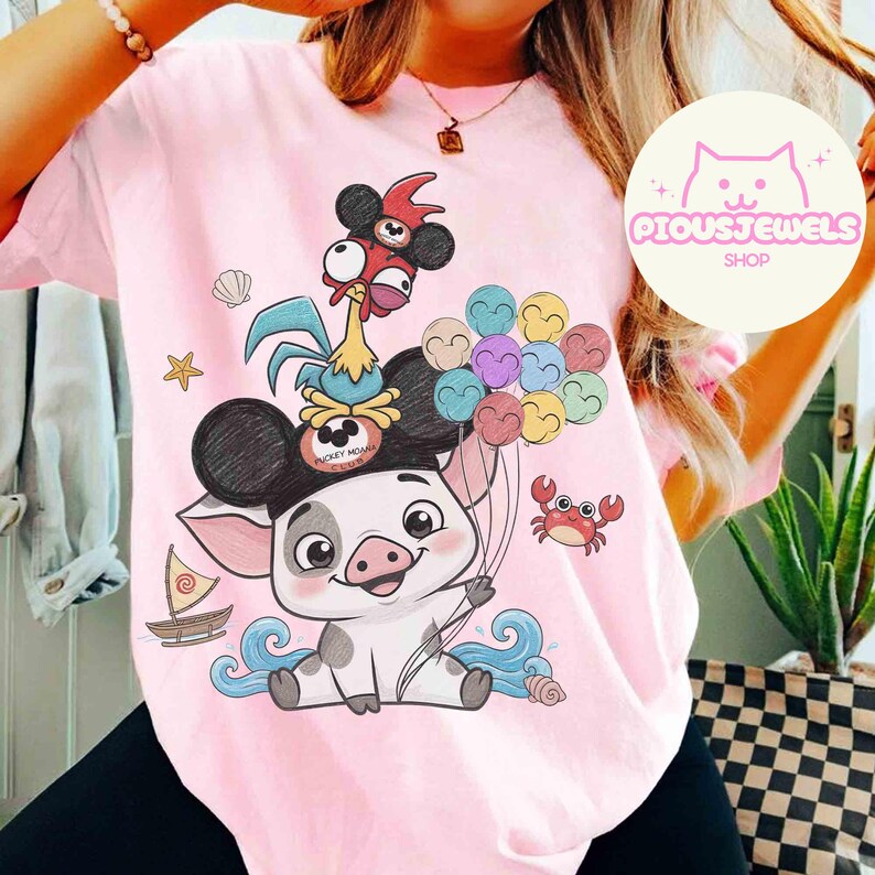 Comfort Colors Disney Vaiana Pua Hei Hei Musse öron hattskjorta, Musse ballongtröja, Disney familjematchskjorta, Disneys polynesiska by bild 3