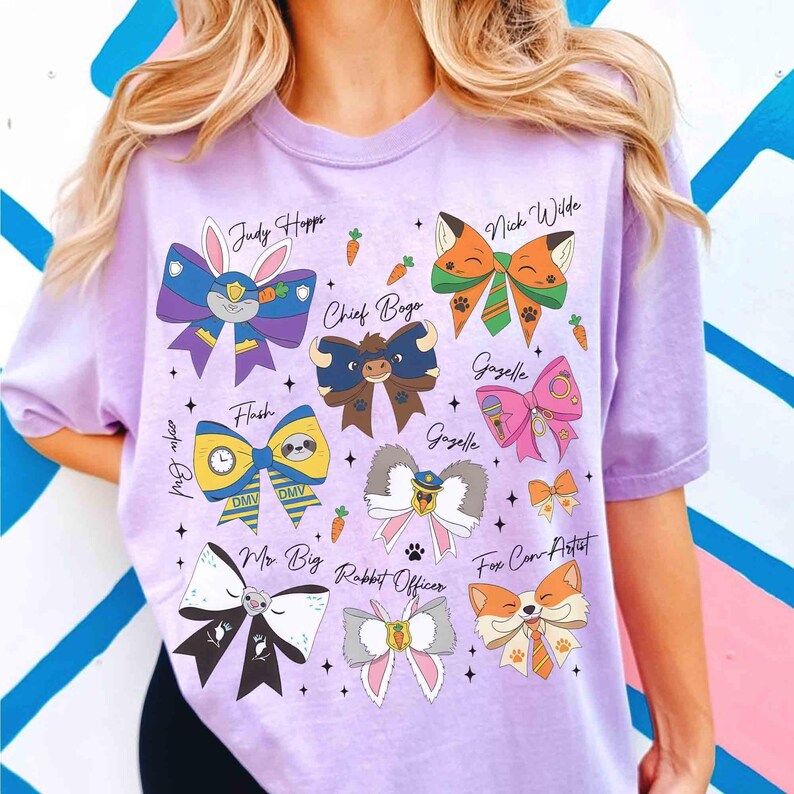 Coquette Bows Disney Zootopia Characters Signatures T-Shirt, Zootropolis Judy Hopps Nick Gary Tee, WDW Disneyland Family Matching Trip Shirt image 1