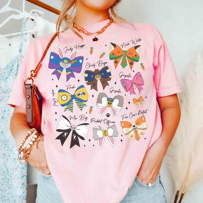 Coquette Bows Disney Zootopia Characters Signatures T-Shirt, Zootropolis Judy Hopps Nick Gary Tee, WDW Disneyland Family Matching Trip Shirt image 6