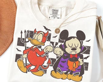 Mickey Mouse Donald Duck Halloween-shirt, Disney Best Friends Comfort Colors T-shirt, geruit vampier/duivel-shirt voor peuters en kinderen die naar Disneyland reizen.