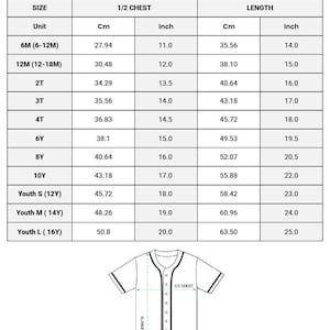 May include: A chart detailing sizes for AOP Kids and Youth baseball jerseys. The chart includes measurements in inches and centimeters for chest and length, ranging from 6 months to Youth Large (16Y). A baseball jersey illustration is also present.