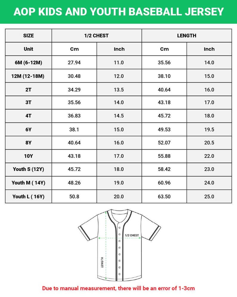 May include: A chart detailing sizes for AOP Kids and Youth baseball jerseys. The chart includes measurements in inches and centimeters for chest and length, ranging from 6 months to Youth Large (16Y). A baseball jersey illustration is also present.