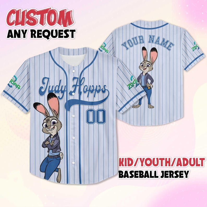 May include: Light blue baseball jersey with vertical white stripes, featuring the name "Judy Hopps" and the number "00". The jersey has a cartoon image of Judy Hopps. The text "CUSTOM ANY REQUEST" and "KID/YOUTH/ADULT BASEBALL JERSEY" are also visible.