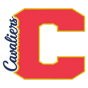 May include: A graphic design featuring a large, block-style letter C in red with a yellow outline. The word Cavaliers is written in a dark blue, cursive script font along the left side of the letter C, also featuring a yellow outline.