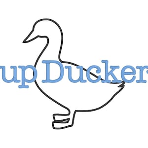 May include: A black and white line drawing of a duck with the text "Sup Duckers" in blue.