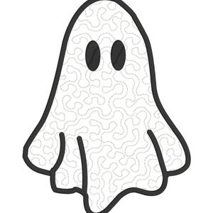 May include: A white ghost illustration with a black outline and two oval eyes. The ghost's body is filled with a squiggly pattern. Ideal for Halloween-themed crafts and decorations.