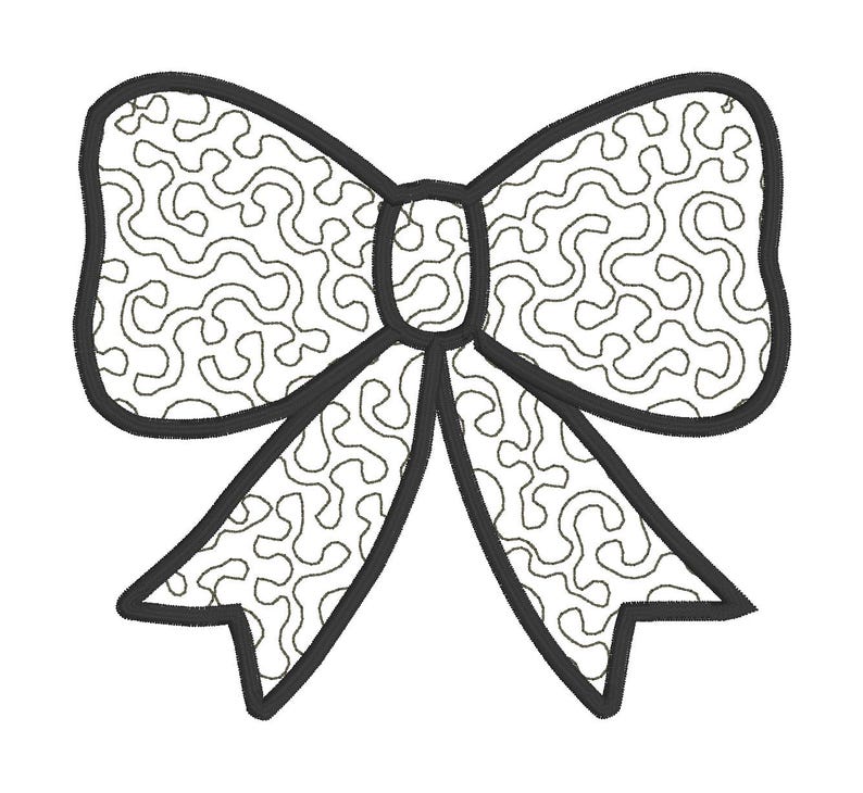 May include: A black and white patterned bow with a swirl design. The bow is outlined in black.