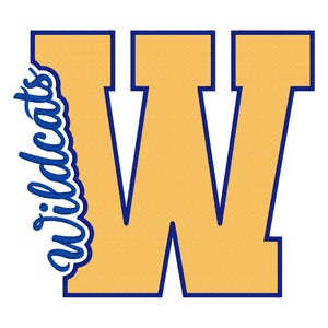 May include: A large, block-style letter W in a soft yellow color with a bold blue outline. The word Wildcats is written in a blue, cursive script font, positioned vertically along the left side of the letter W, also featuring a white outline.