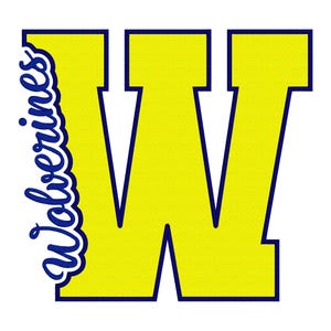 以下が含まれることがあります： 鮮やかな黄色のブロック体で書かれた大きな文字「W」で、濃い青色の輪郭線があります。濃い青色の筆記体で「Wolverines」という単語が書かれており、文字「W」の左側に沿って垂直に配置されています。