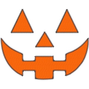 May include: A jack-o'-lantern face design featuring two orange triangular eyes, one orange triangular nose, and a wide orange jagged mouth, all outlined with a dark gray zigzag stitch pattern on a plain white background.