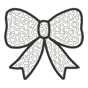 May include: A black and white patterned bow with a swirl design. The bow is outlined in black.