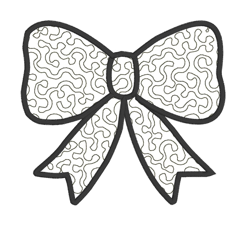 May include: A black and white patterned bow with a swirl design. The bow is outlined in black.