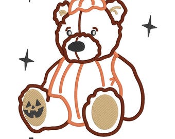 Applique Bear in Pumpkin Outfit - &#39;Beary Scary&#39; Embroidery File - Digital Download 5X7 6X10 - Bear Embroidery Design